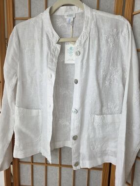 NWT WOMENS SIGRID OLSEN 100% WHITE CROCHETED LINEN CROPPED BUTTONS DOWN BLAZER S